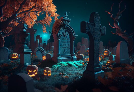 Scary graveyard at halloween night with jack-o-lantern pumpkins. Generative AI
