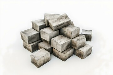 Heap of 3D rendered stone cubes on a plain white background. simple, abstract, and versatile image for multiple uses. perfect for concepts. AI