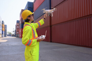 An engineer or worker uses a remote control to control a drone at a container port to inspect...