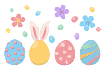 Set of colored festive elements for Easter. Eggs, flowers, candies isolated on white background. Vector drawing in cute delicate colors. Set for decoration, design, presentation, web, banners, pesati