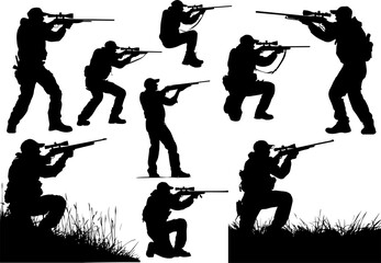 Hunter directs a rifle at a target. set of black icons. AI generated illustration.