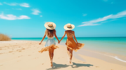 Young beautiful women on summer vacation wearing straw hats and beach dresses walking along the ocean on tropical beach and enjoying the view. Back view. Summer beach vacation concept. Travel