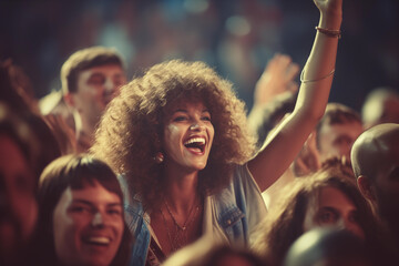 Happy smiling woman on a concert in the 80s style