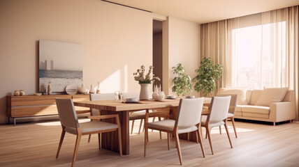 Fototapeta na wymiar Modern interior design of apartment, dining room with table and chairs, empty living room