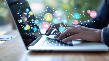 Businessman laptop using ,Social, media, Marketing concept