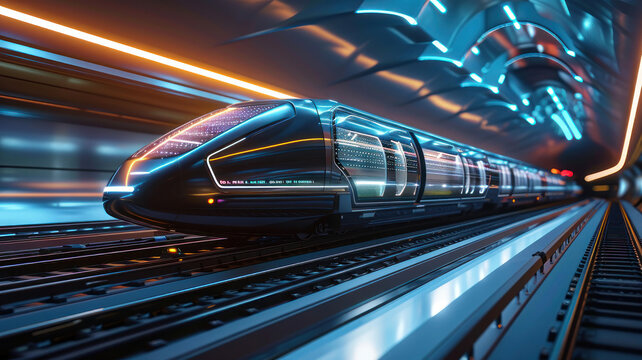fast modern express passenger train high speed railway hyperloop moving flash light Futuristic technology hi tech future digital transport hyperloop concept