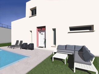illustration of a house in the south, sun, swimming pool, retro 