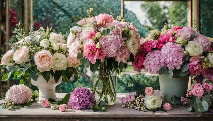Fototapeta na wymiar Many bouquets in the flower shop on the table of hydrangea, roses, peonies, eustoma in pink