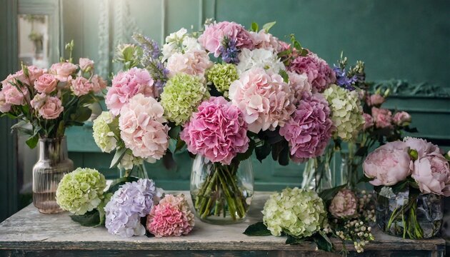 Many bouquets in the flower shop on the table of hydrangea, roses, peonies, eustoma in pink