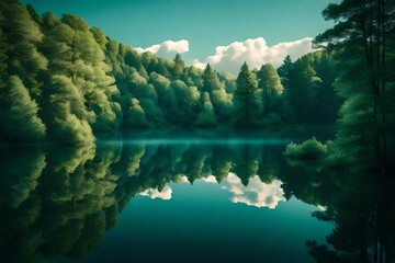 A serene, pastel-colored sky reflected in the calm waters of a tranquil lake surrounded by lush,...