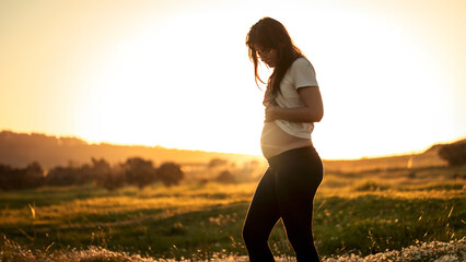 Pregnant woman park. Woman posing in the park with the sunset and rays illuminating her pregnant...