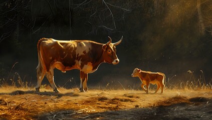 Tranquil farm scene: a mother cow with her calf in a misty field at dawn. rustic and serene animal family moment. AI