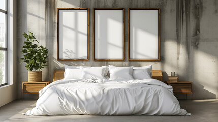 Contemporary Bedroom with White Comforter, Empty Wall Frames, and Window Side Greenery