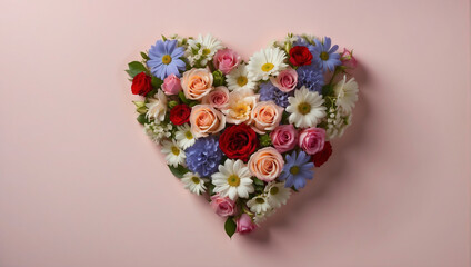 Herzförmiges Blumenarrangement auf zartem rosa Hintergrund