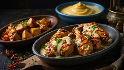 Chicken pieces in a rich blend of yogurt, spices, and creamy butter sauce before being grilled to perfection and highlight the textures and colors of the ingredients as they come together in harmony