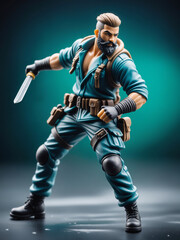 Fototapeta na wymiar action figure fighter in bluish cloth