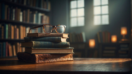 Stapel alter Bücher mit Brille auf Holztisch in Bibliothek - obrazy, fototapety, plakaty