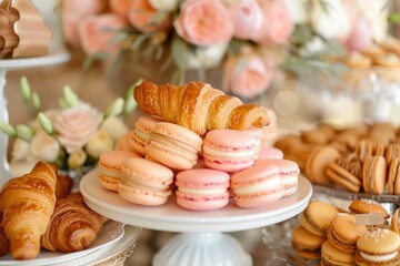Obraz na płótnie Canvas An elegant assortment of baked goods with golden croissants, delicate pink macarons and treats