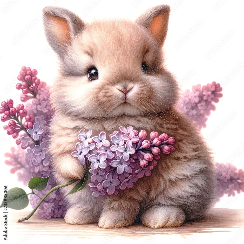 Poster whimsical bunny with flowers illustration created with generative ai technology