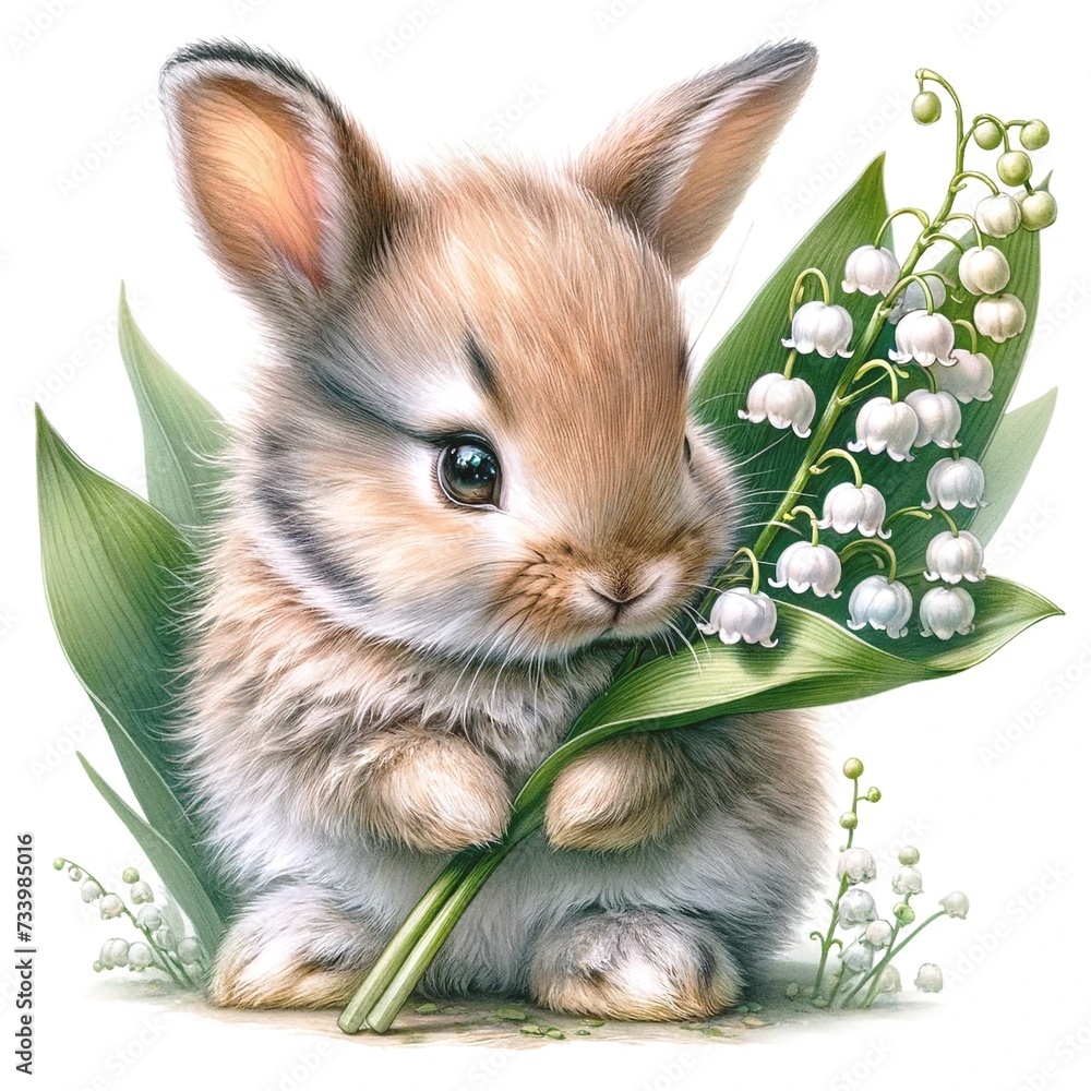 Poster whimsical bunny with flowers illustration created with generative ai technology