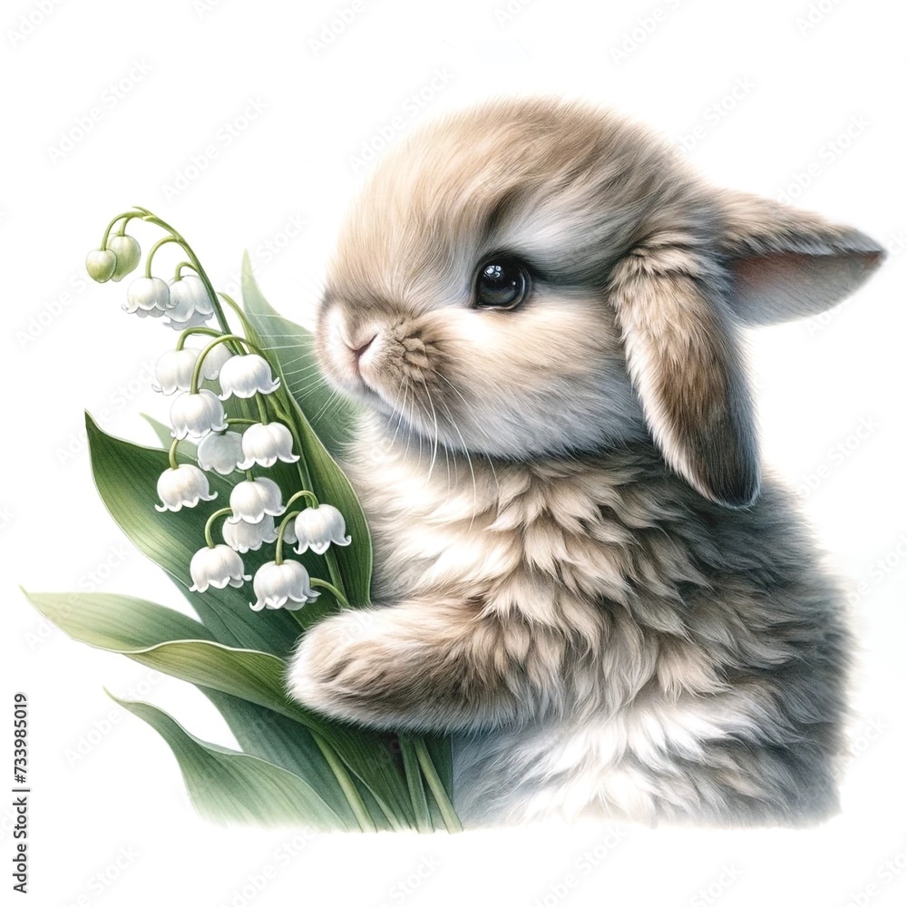 Poster whimsical bunny with flowers illustration created with generative ai technology