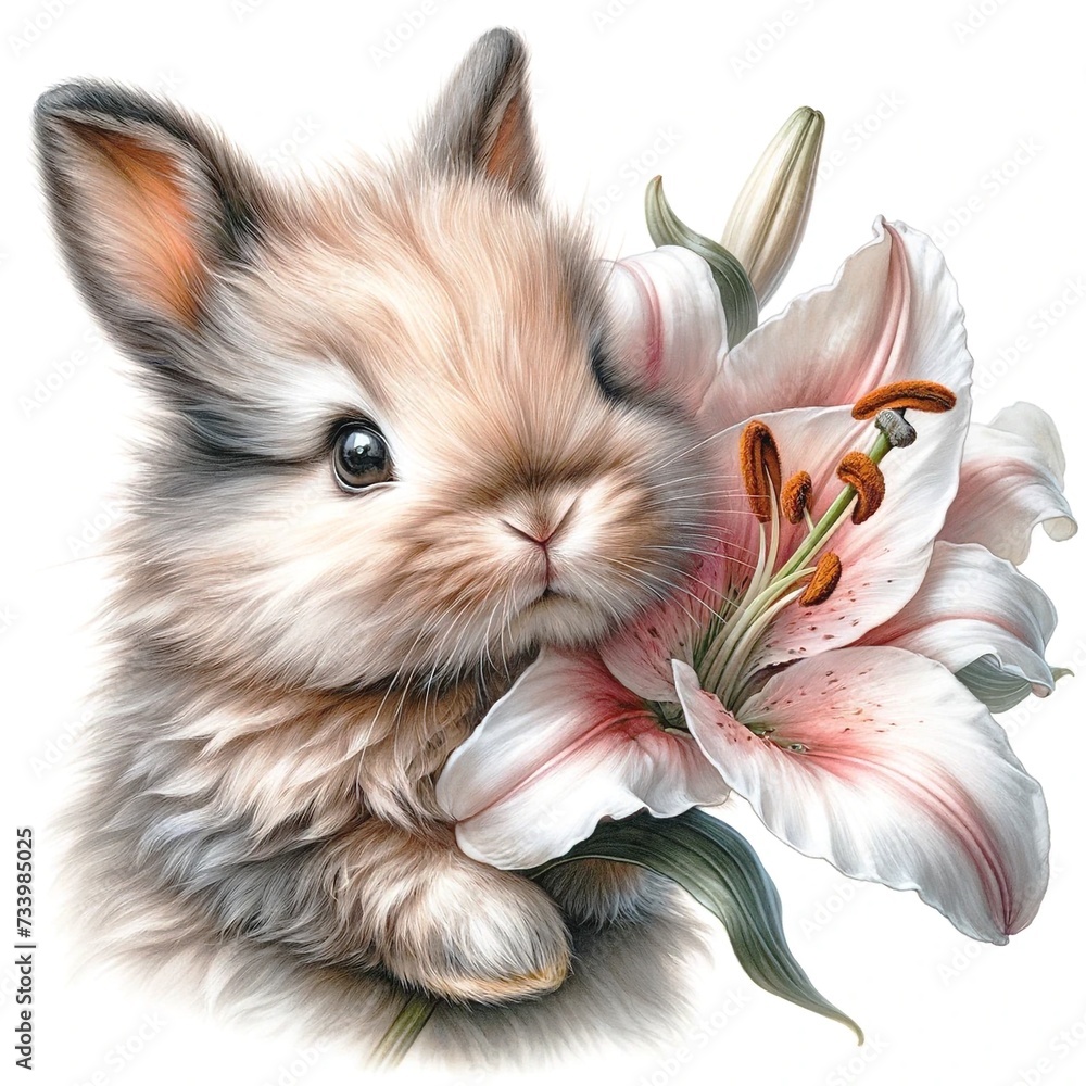 Poster whimsical bunny with flowers illustration created with generative ai technology