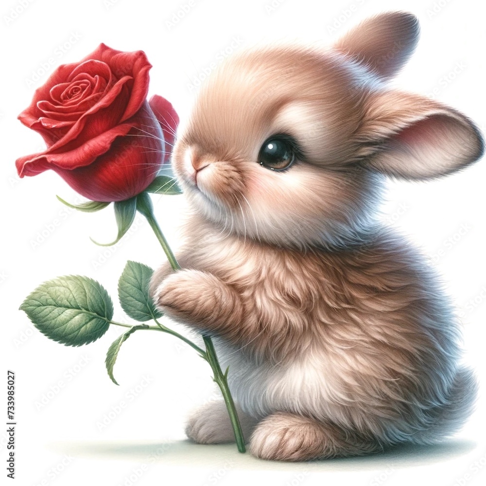 Aufkleber Whimsical bunny with rose illustration created with Generative AI technology