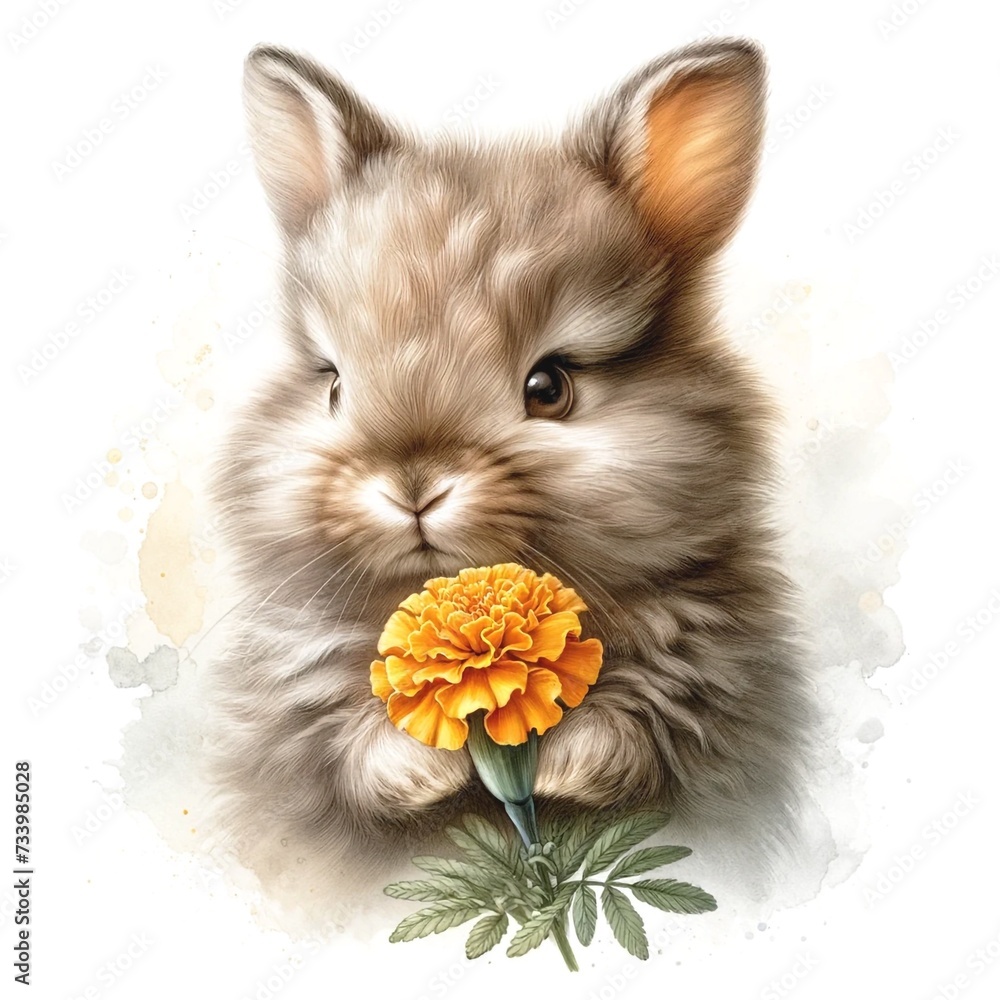 Poster whimsical bunny with flowers illustration created with generative ai technology