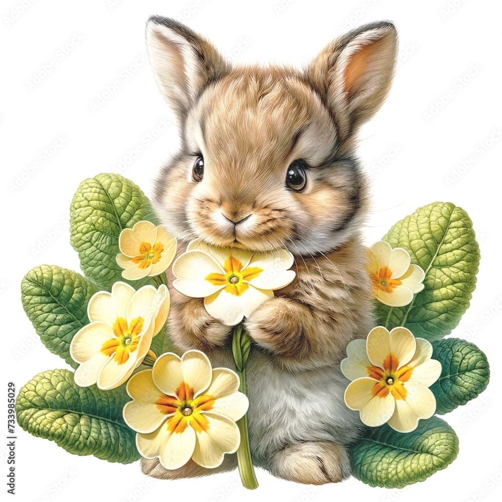 Poster whimsical bunny with flowers illustration created with generative ai technology