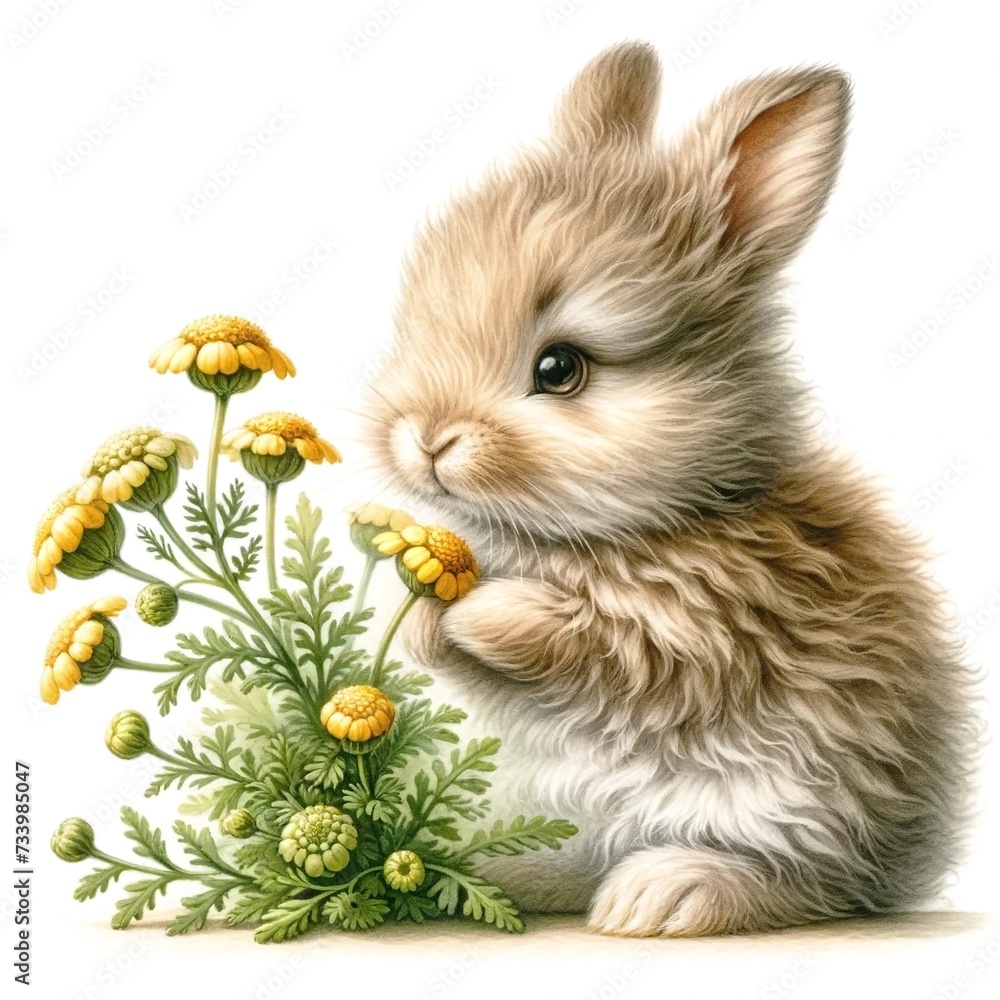 Poster whimsical bunny with flowers illustration created with generative ai technology