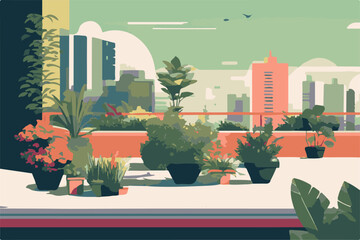 Flat design modern vector illustration concept of cityscape with skyscrapers and terrace with plants.