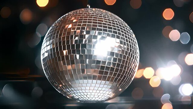 Disco ball on ceiling. Nightclub life. Party concept. Close-up sparkly silver disco ball. Illumination in the dark