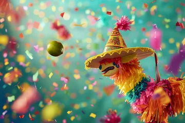 Zelfklevend Fotobehang Traditional Mexican party with llama pinata on a vibrant pink background, confetti © World of AI