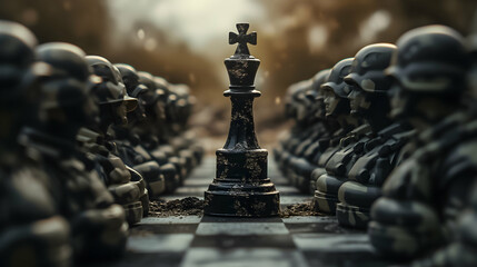 Chess king piece facing rows of soldier figures. - obrazy, fototapety, plakaty