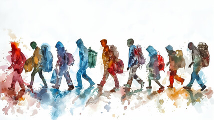 Vibrant painting of a group of refugees in motion. - obrazy, fototapety, plakaty