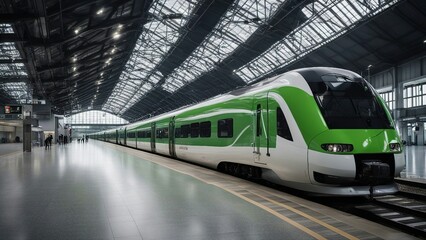 train in motion _A quick train from China that pulls into a sophisticated railway station. The train is white and green 