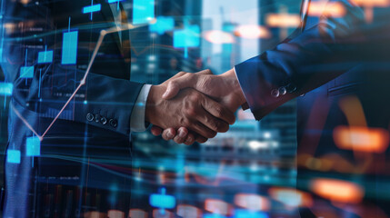 Partnership. business man investor handshake with graph chart stock market diagram and city background, global network link connection, digital technology, internet communication, teamwork concept