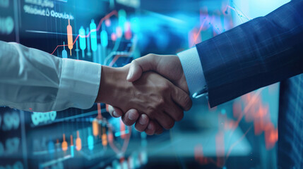 business man investor handshake with graph chart stock market diagram and city background, global network link connection, digital technology, internet communication, teamwork, partnership concept - obrazy, fototapety, plakaty
