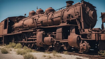 Naklejka premium old steam locomotive An old steam locomotive train that has been abandoned and forgotten in a junkyard. 