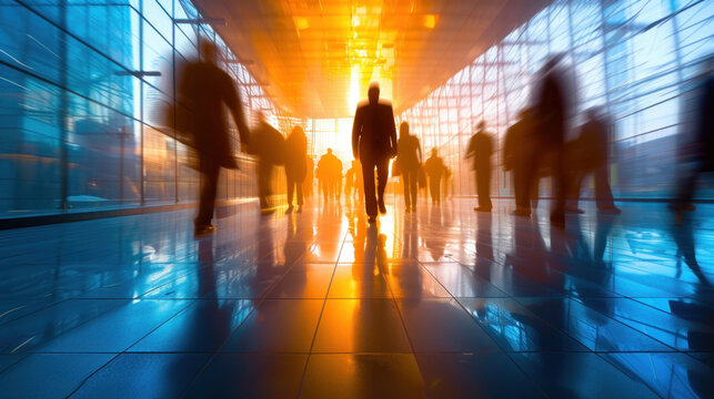 Background. abstract motion blur image of business people crowd walking at corporate office building in city downtown, blurred background, travel, business center concept