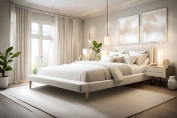 A serene bedroom with a white upholstered bedframe, cream-colored bedding, and soft ambient lighting creating a tranquil retreat.