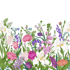 Seamless floral border. Blooming. Iris, tulip, bell, ranunculus, forest anemone, lilac, star of Bethlehem, clove. Colorful. - 733987473
