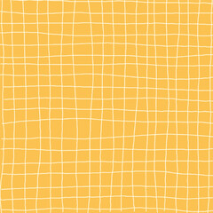 Hand drawn yellow plaid pattern. Check, square doodle background. Line art freehand grid. Crossing white stripes brush stroke. Notebook Texture. Abstract Psychedelic print with Wavy Doodle Stripes