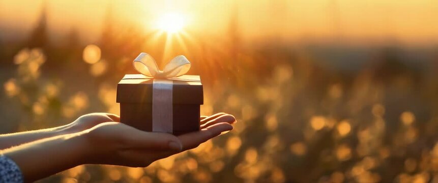 Hand holding a gift box in a sunset backdrop as a gesture of giving. A hand extends out offering a box wrapped in paper and tied with a ribbon.
