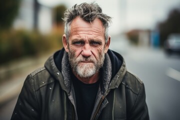 Obraz premium Portrait of an old man with gray hair and beard on the street.