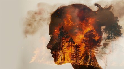 A woman's head with a terrible forest fire destroy trees in the background, Smoke in the air, Nature is destroyed. The environment background.