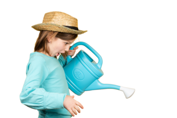 Surprised little girl holding watering can