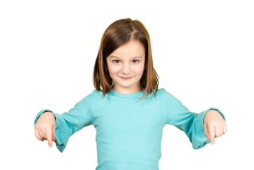 Cute child pointing down isolated on transparent background.