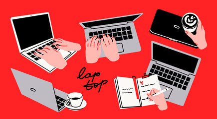 Human hands typing on laptop keyboard, hand writing in notebook. Laptops with hands, coffee cup. Computing, working online, freelancing, education concept. Hand drawn isolated Vector illustrations - 733987887