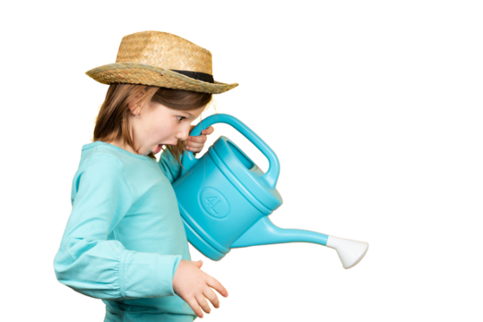 Surprised little girl holding watering can